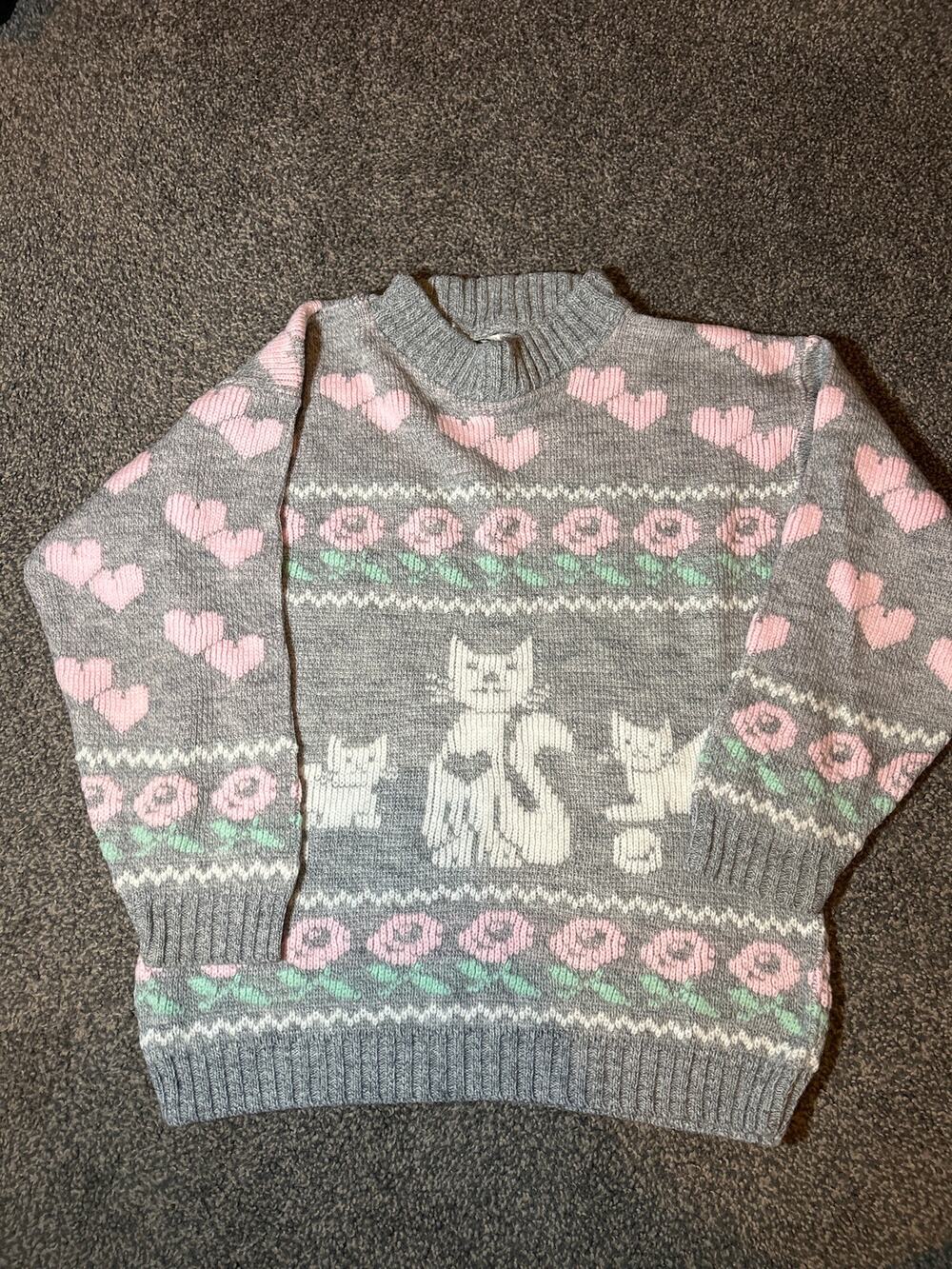 Vintage 1980s pastel sweater 100%acrylic    Kitty cat size girls small 7-8
